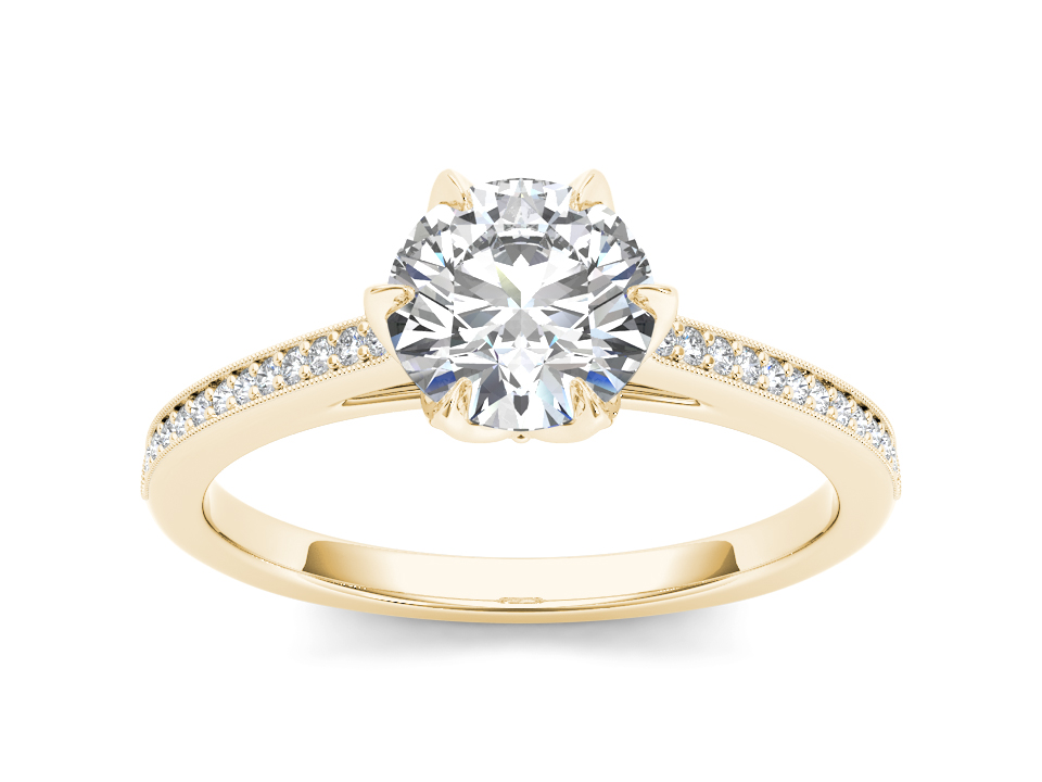 Gold cathedral ring with round lab-grown diamond, pavé band, and intricate vintage-inspired gallery.